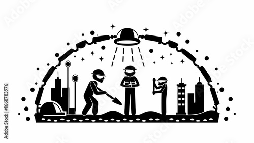 Illustration of construction workers under a protective dome with city skyline and ufo light above | editable eps vectors silhouette