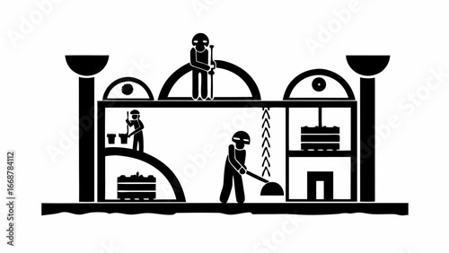 Illustration depicting workers in a building with arches and various activities in black and white style | editable eps vectors silhouette