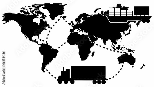 Global logistics network showcasing a world map with shipping routes by truck and container ship image | editable eps vectors silhouette