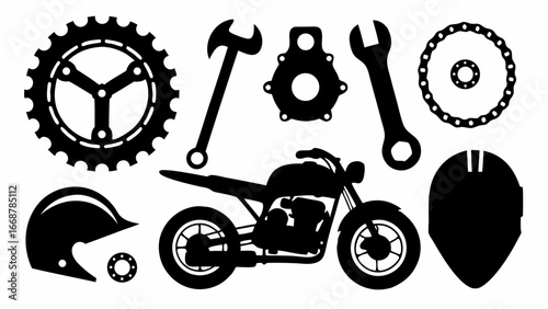 Silhouette illustration of a motorcycle with helmet and repair tools on a white background | editable eps vectors