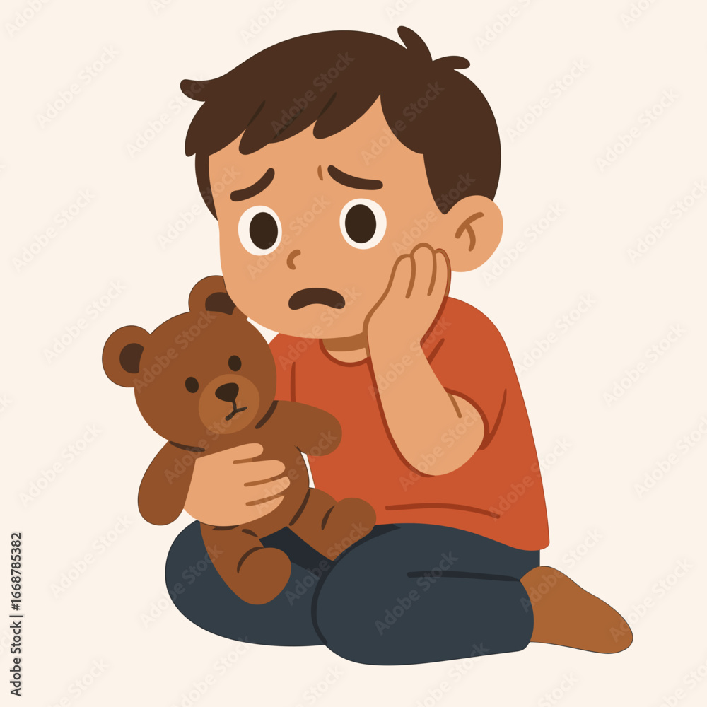 Naklejka premium Young boy sitting with teddy bear looking sad and worried 