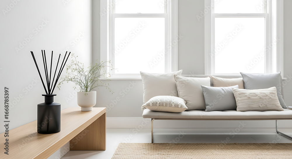 Fototapeta premium Modern living room with a sofa, cushions, and a diffuser on a wooden bench