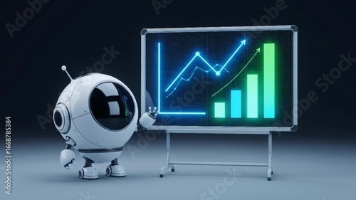 Cute futuristic robot presenting simple glowing data charts hologram animation, 4K loopable footage