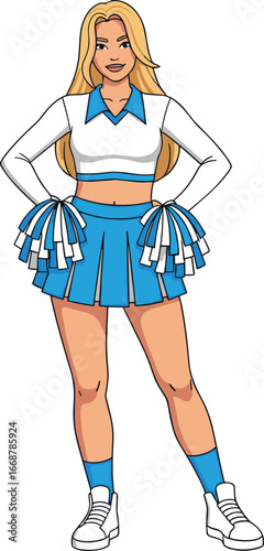 Cheerleader girl in blue uniform with pom-poms, standing confidently, sporty cartoon character illustration, energetic female team spirit concept, vector art