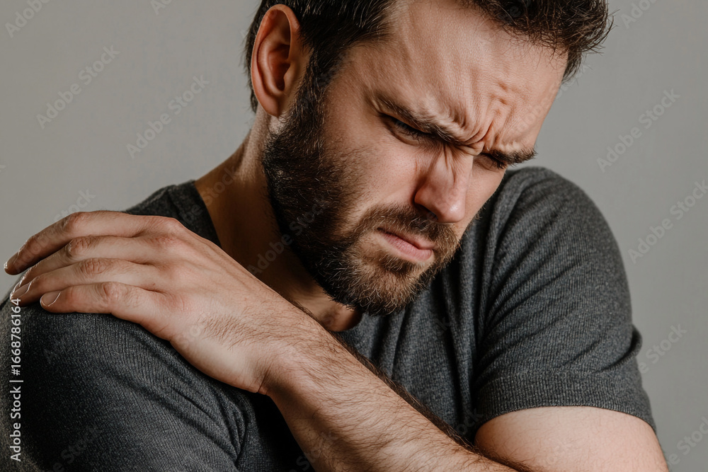 Fototapeta premium Man experiencing shoulder pain holding his arm grimacing in discomfort