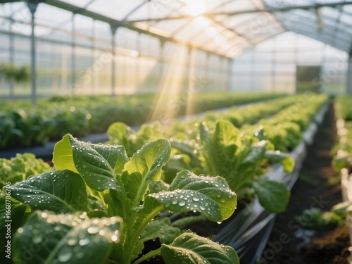 Agricultural crops beds in a greenhouse, morning light and dew. Growing greens