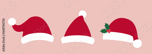 Set of Winter holiday red santa hat flat vector illustration.
Christmas hat cartoon clipart.
Design for greeting card, poster, invitation banner, leaflet.