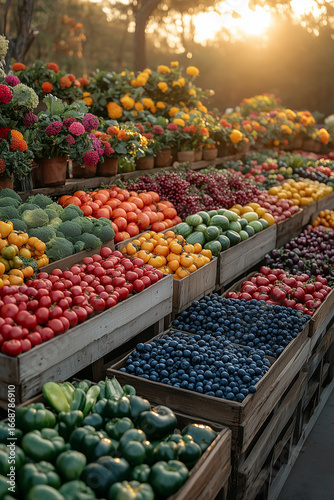 A vibrant and colorful farmers market stand with fresh organic bell peppers and other vegetables arranged in rustic wooden crates, creating a rich visual texture
