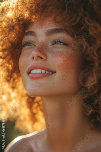 A beautiful young woman with bright freckles, blue eyes, and natural red curly hair, smiling softly. This vibrant and authentic close-up portrait captures joy and natural beauty