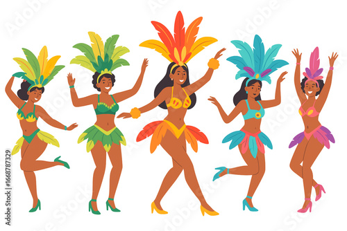 Samba carnival dancers vector illustration in colorful feather costumes