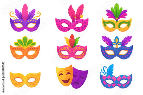 Cartoon carnival mask set vector illustration isolated on white