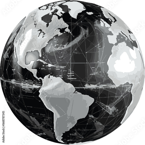 A grayscale globe showing north america