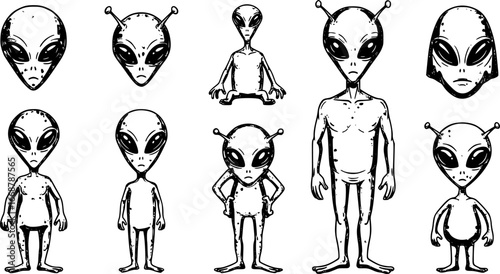 vector set of green aliens vector drawing
