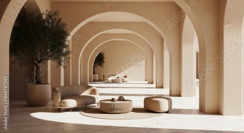 Serene Mediterranean Courtyard with Arched Walkway and Modern Furniture