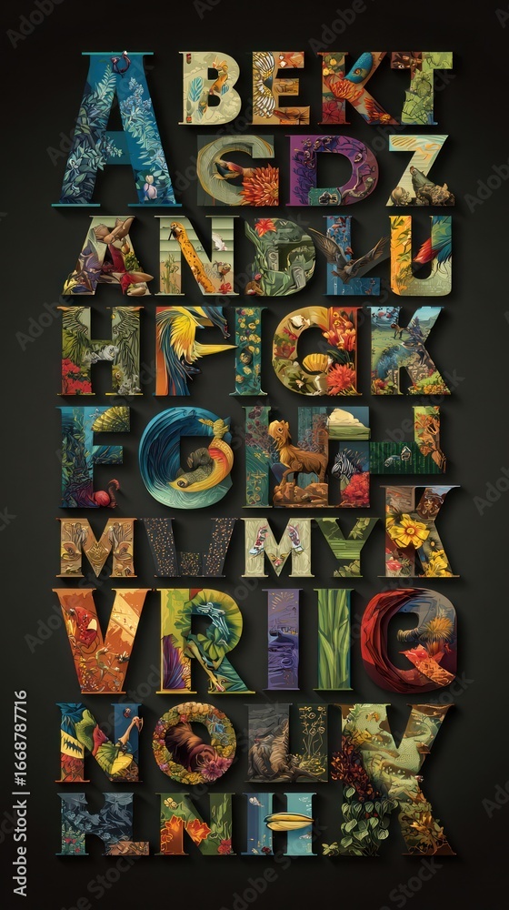 Fototapeta premium Colorful alphabet letters, each filled with a nature image