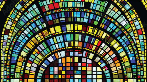 Arched Stained Glass Window with Colorful Geometric Panes and Black Grout Lines abstract.