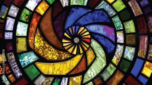 Abstract Swirling Stained Glass Mosaic with Blue Green and Yellow Hues pattern.