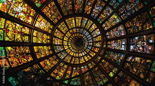 Circular stained glass window with radiating geometric patterns and warm colors vector illustration.