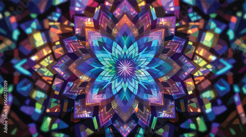 Deep Blue and Teal Stained Glass Mandala with Fiery Orange and Purple Accents geometric abstract.