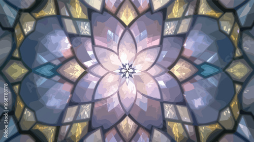 Geometric Floral Stained Glass Pattern with Blue and Purple Hues symmetrical.