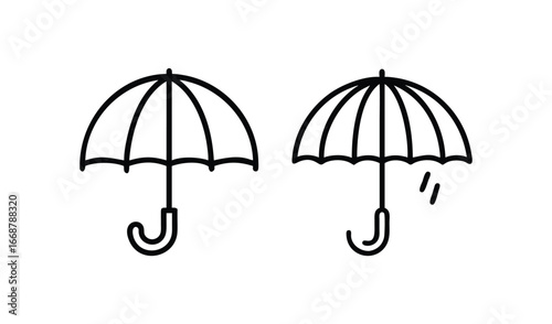 Two hand drawn umbrellas one showing raindrops falling