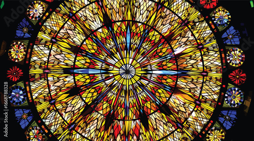 Intricate Geometric Stained Glass Rose Window Pattern with Vibrant Colors vector illustration.