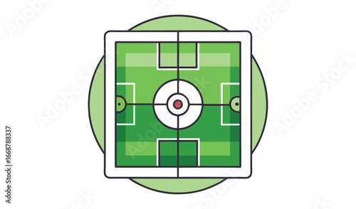 Top view of a stylized soccer field with center circle and goals
