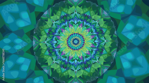 Intricate Green and Blue Geometric Mandala Pattern with Repeating Floral Motifs abstract symmetrical.