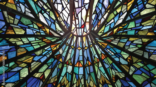 Radial stained glass pattern emanating from a central light source geometric abstract.