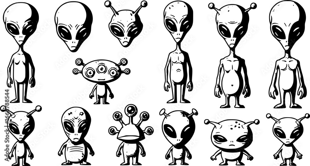 Fototapeta premium vector set of green aliens vector drawing 