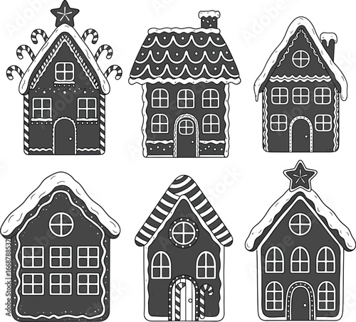 Printset of houses winter christmas decoration icons vector design collections black white simple modern style isolated