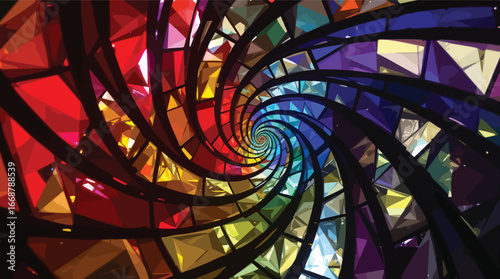 Swirling vortex of colorful stained glass shards in a rainbow spectrum vector illustration.