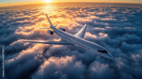 Jet plane soaring above clouds at sunrise