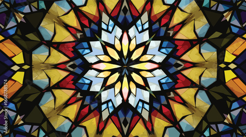 Symmetrical starburst stained glass design with yellow blue and red colors geometric pattern.