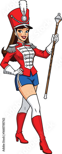 Majorette girl in red uniform with baton, marching band costume illustration, stylish female performer cartoon vector, parade leader character concept art