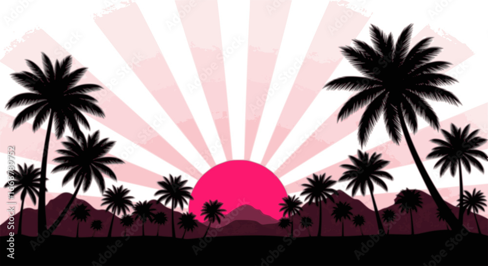 Obraz premium Silhouettes of palm trees and pink sun vector. set of palm trees and sunrise vector silhouette. tropical landscape and mountains black, very peri vector illustration