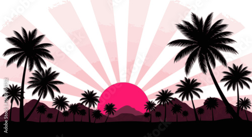 Silhouettes of palm trees and pink sun vector. set of palm trees and sunrise vector silhouette. tropical landscape and mountains black, very peri vector illustration