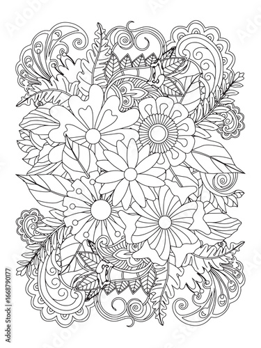 Doodle floral art. Black and white doodle. Page for coloring. Doodle beautiful flowers art for adult coloring book.