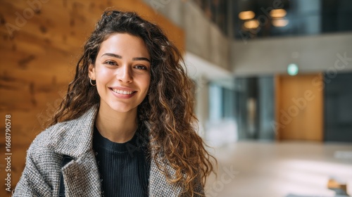 Wallpaper Mural young smiling latin girl college student or teacher looking at camera standing in university campus happy hispanic millennial woman professional posing in modern coworking creative office space no lo Torontodigital.ca