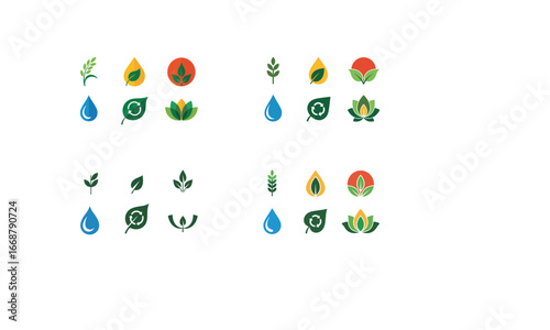 Collection of eco friendly vector icons with leaves, drops, flowers and nature elements in green and blue colors
