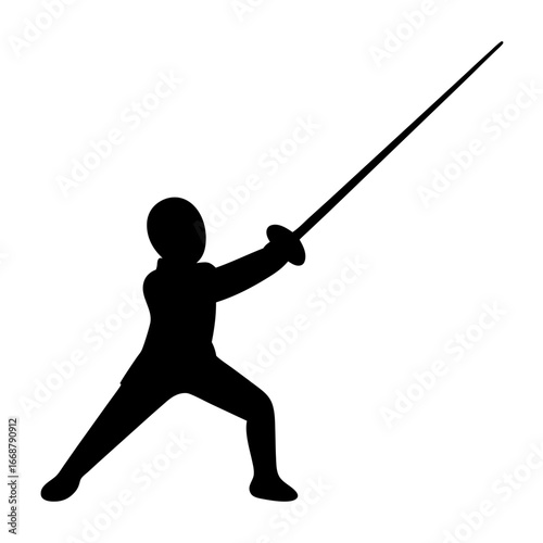 Black silhouette of a fencer lunging with a foil sword, isolated on white background