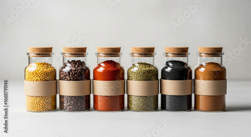 Colorful spices in rustic glass jars for vibrant cooking and culinary creations, perfect for foodie blogs