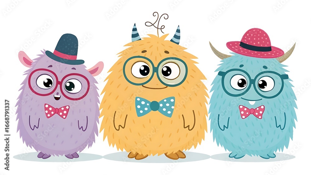Fototapeta premium Three adorable fluffy monsters wearing glasses and bow ties with hats