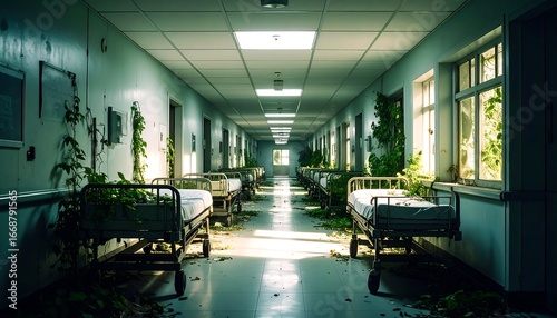 Overgrown Hospital Corridor with Empty Beds and Natural Light