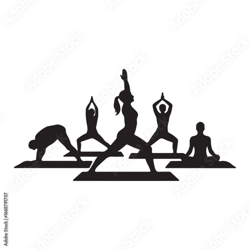 Five black silhouettes of people practicing yoga poses on mats fitness exercise