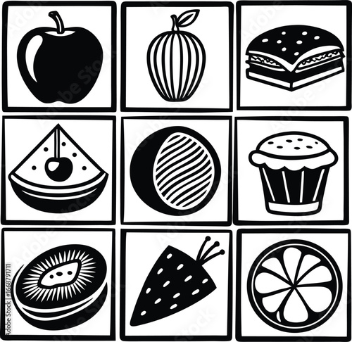 Nine square grid featuring diverse fruit and food icons including apple watermelon kiwi strawberry orange and cupcake with stylized rendering
