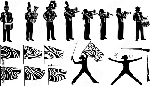 white Marching band svg, Color guard svg, Color guard silhouette, Marching band silhouette, Color guard flags svg, Color guard vector set -V02 organized