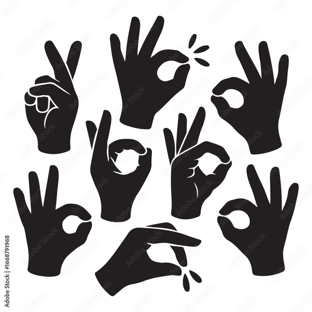 Fototapeta premium Collection of black hand gesture silhouettes on white background okay peace
