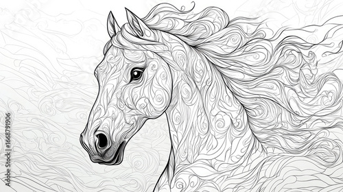 Highly detailed zentangle style illustration of a horse running with a flowing mane, perfect for coloring books or artistic projects