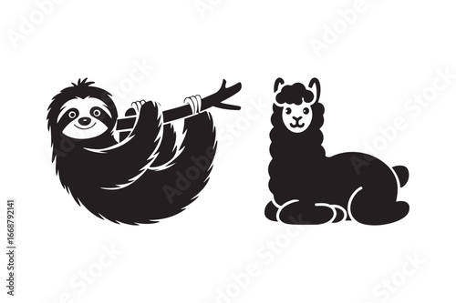 Cute black silhouette of a sloth hanging and a llama sitting